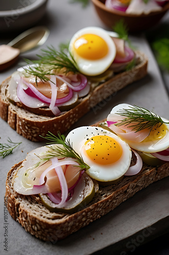 Traditional Danish smørrebrød open-faced sandwiches, rye bread topped with herring, egg, dill, and pickled onions. Traditional authentic food of Denmark. Scandinavian and nordic cuisine.