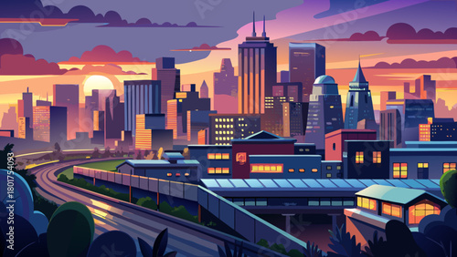 Very beautiful dusk settling over the urban downtown metro area of Newark, New Jersey, with softly glowing buildings, atmospheric evening light, and a calm cityscape transitioning into night.