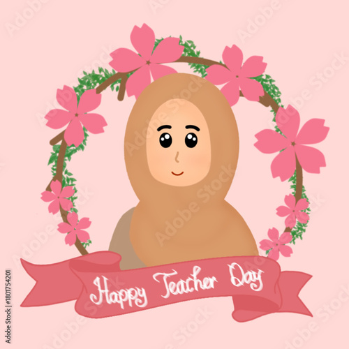 Cartoon Hijab Teacher Illustration with Floral Wreath, Pastel Happy Teacher’s Day Design