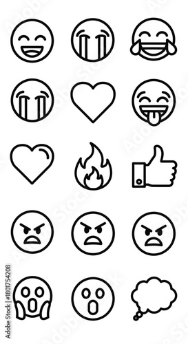 A collection of black and white line art emoji icons depicting various emotions like joy, sadness, anger, love, and surprise, plus common symbols.