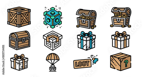 Collection of Stylized Game Loot and Treasure Chest Icons.