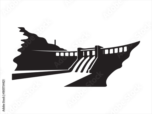 Water Dam Silhouette, Dam Silhouette Vector – Water Spillway Hydropower Structure Illustration