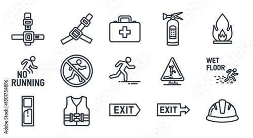 A collection of black line art safety and emergency icons with a pixelated, textured style.