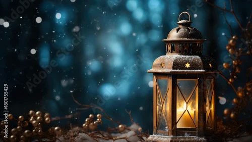 christmas lantern on wooden table on snowy winter background animation