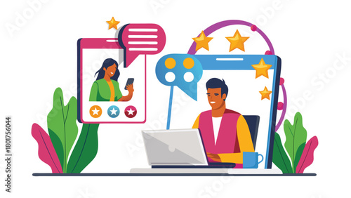 A cheerful person is typing positive feedback on a laptop expressing satisfaction and engagement with technology and online services