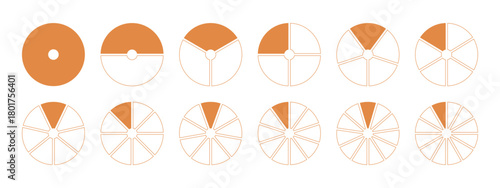 Donut charts, pies segmented on from 1 to 12 equal parts. Coaching blank template. Infographic diagrams. Orange wheels divided in sections. Circle section minimal graph. Pizza chart round icons mockup