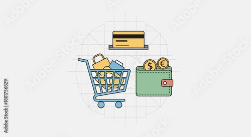 Conceptual online shopping illustration with a cart, wallet, and credit card design