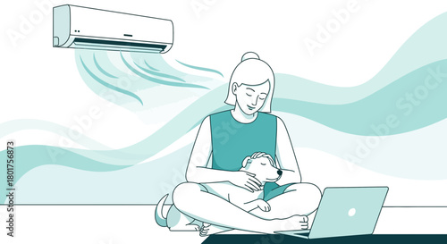 Cool comfort: A woman works from home with her dog under air conditioning comfort