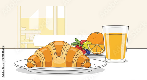 Delicious breakfast composition of a croissant, fruits and juice perfect for a cheerful morning