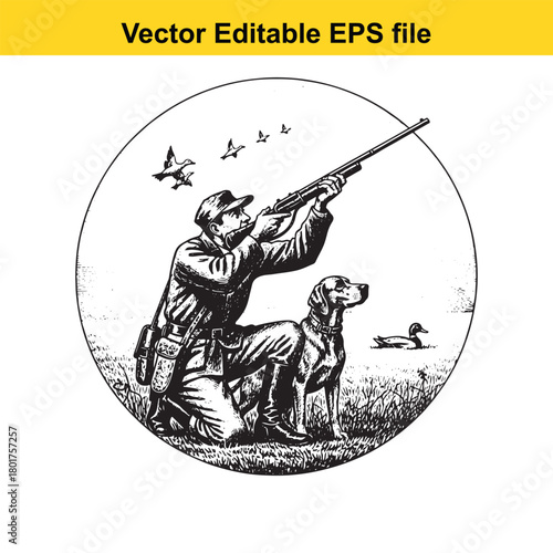 Man with dog and rifle takes aim at flying ducks in a circular graphic depicting a hunting scene
