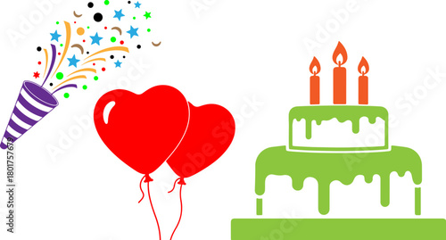 Festive celebration with party popper heart balloons and a birthday cake graphic