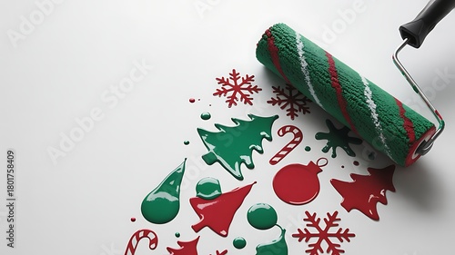 Christmas Paint Roller Creating Colorful Designs Snowflakes Ornaments Trees Photo