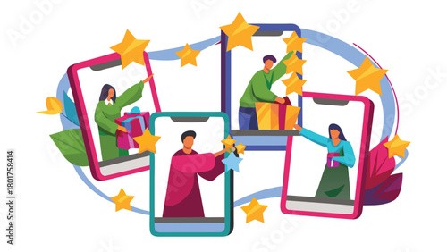 Excited shoppers unboxing new technology gadgets with colorful floating elements perfect for online retail promotions and digital advertising campaigns