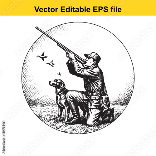 Hunter with dog aiming shotgun at flying birds in a circular frame, vintage illustration style