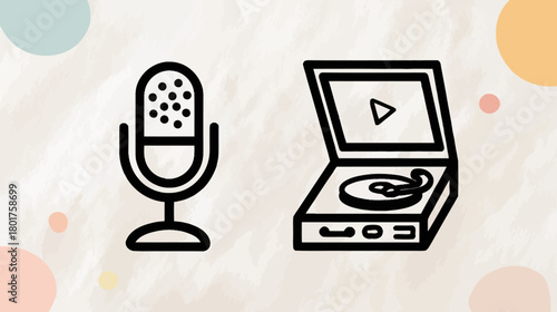 Vintage record player and microphone outline icons, symbolizing audio recording, music production, broadcasting, and entertainment media.