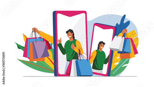 Joyful shopper with shopping bags celebrating a successful purchase depicted in a vibrant modern digital art style with bold colors and clean lines