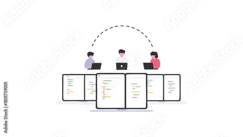 Bright and modern vector illustration depicting diverse tech professionals collaborating and coding on computers in a vibrant abstract digital environment
