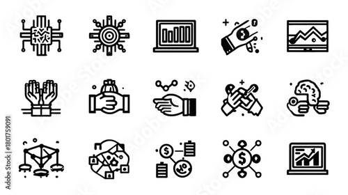 Set of Modern Digital Business, Finance, AI, and Data Analytics Technology Line Icons Collection
