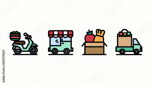 Online delivery and mobile retail service icons. E-commerce food, grocery, and package delivery by scooter, cart, and truck.
