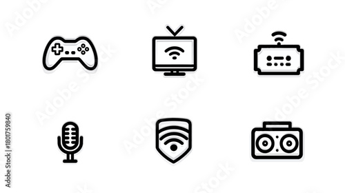 Modern technology and smart device outline icons set. Includes gaming controller, smart TV, wireless speaker, microphone, and Wi-Fi security.