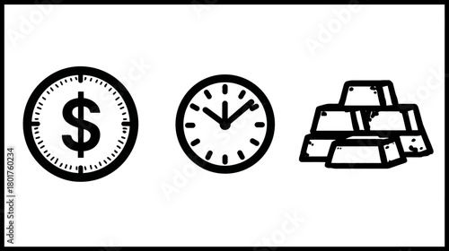 Money coin, clock, and gold bars icon set. Financial assets, time management, and wealth concept in simple line art.