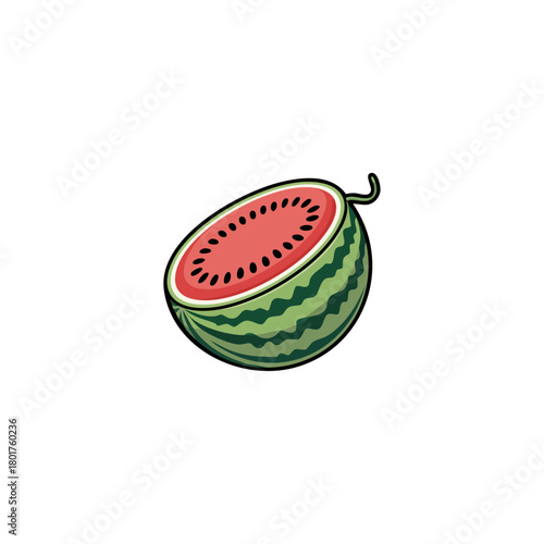 Bright Watermelon Half Illustration. Juicy Red Flesh, Green Rind, Fresh Summer Snack for Food Imagery