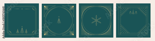 Christmas Art , Minimalist geometric frames with gold line art of Christmas trees and a snowflake on green, creating elegant festive accents suitable for holiday cards or seasonal event designs.