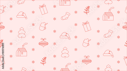 A seamless pattern of holiday icons like gifts, hats, mugs, houses, and ornaments on a soft pink background, creating a cheerful seasonal look ideal for Christmas-themed prints or decor.