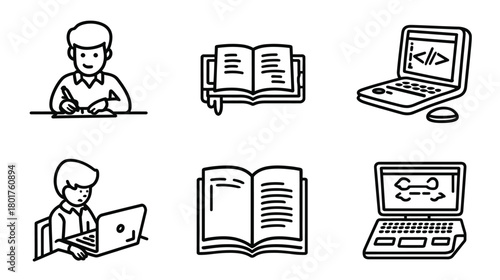 Modern education and e-learning line art icon set. Student studying, open books, and laptops with code and data transfer symbols.