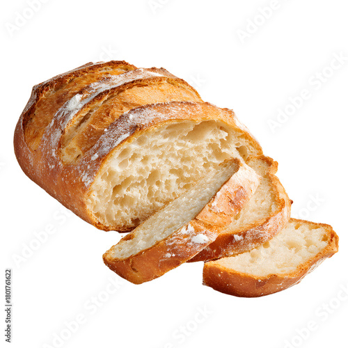 Freshly Baked Artisan White Bread Loaf and Slices Isolated on White Background