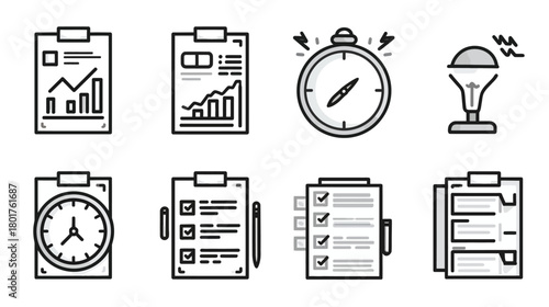 Business and Time Management Line Icons Set - Productivity, Data Analysis, Checklists, and Reports Vector Collection