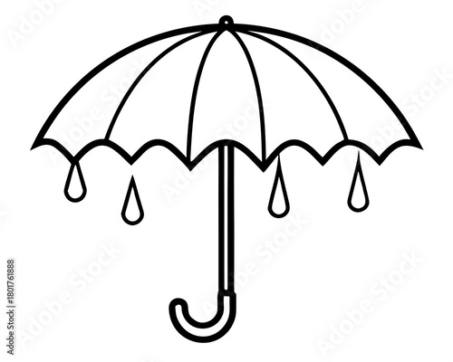 Black and white line drawing of an umbrella with raindrops