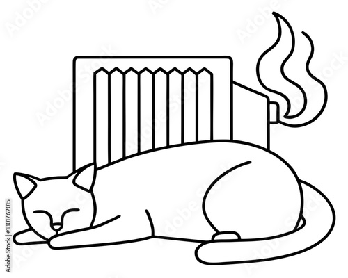 Cute cat sleeping near radiator in winter