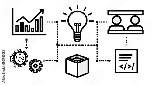 Business Process Flow with Data Analytics, Innovation, Teamwork, and Technology Development. Growth Strategy & Digital Transformation.
