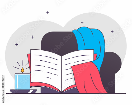 Illustration of a cozy reading nook with book, candle, and armchair