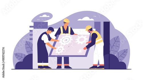 Diverse team of workers collaborating and discussing ideas around a table on a modern factory floor illustrating teamwork and innovation in manufacturing