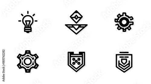 Vector outline icons set: lightbulb for ideas, gears for settings & process, shields for security & achievement. Modern graphic elements.
