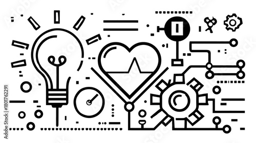 Digital Health Technology Innovation Concept. Creative Medical Solutions with Lightbulb, Heartbeat, and Gears Line Art.