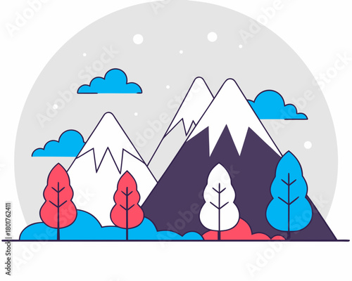 Mountain peaks with snow and trees under a cloudy sky in winter season