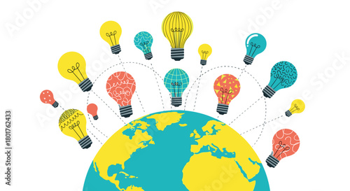 World globe with light bulbs connected by dotted lines above