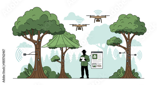 Man with tablet monitoring trees using drones and sensors data