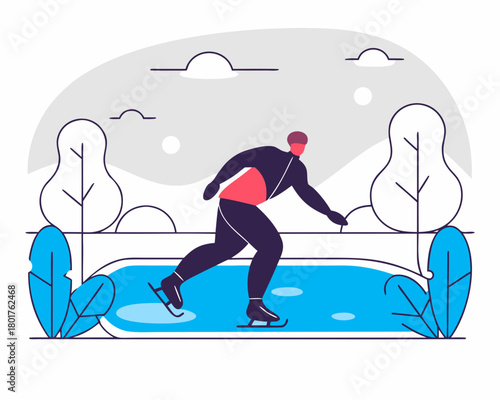 Person ice skating on a frozen lake surrounded by trees and bushes