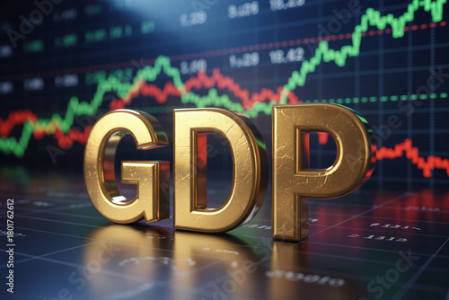 Gross domestic product GDP concept showing 3D golden letters with a stock market chart featuring green and red lines indicating economic trends
