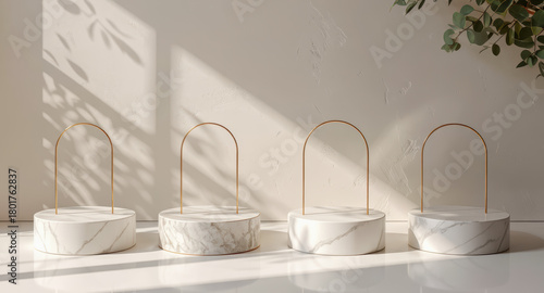 Scene with Four White Marble Cylinder Podiums and Gold Arch Jewelry Stands