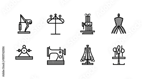 Minimalist Line Art Icons Set of Sewing and Fashion Tools. Tailoring Equipment, Dressmaking Supplies, Craft Hobby Objects.
