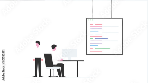 Flat digital art illustration of diverse developers collaborating and debugging code on a computer screen representing teamwork and problem solving in software development