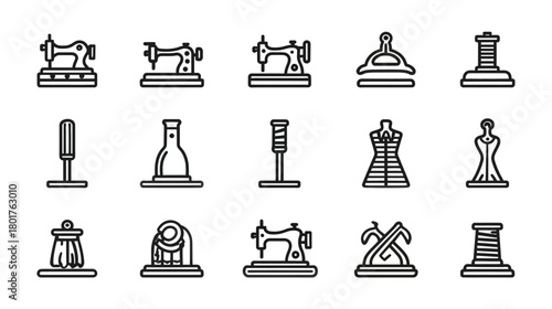 Sewing and Fashion Craft Line Icons Set: Vintage Sewing Machines, Thread Spools, Mannequins. Tailoring Equipment Collection.