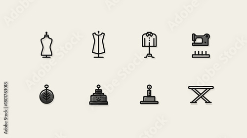 Flat Line Sewing and Tailoring Icons: Mannequins, Sewing Machine, Ironing Board, Thimble, Scissors, Craft Tools for Fashion Design