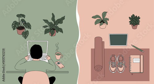 Illustration of work and workout space with plants and items