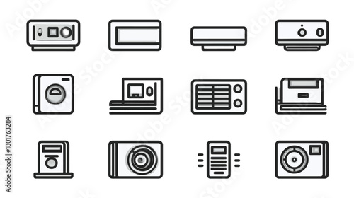 Modern Line Icons Set: Smart Home Appliances, Electronic Devices, Automation Technology, and Digital Living Gadgets